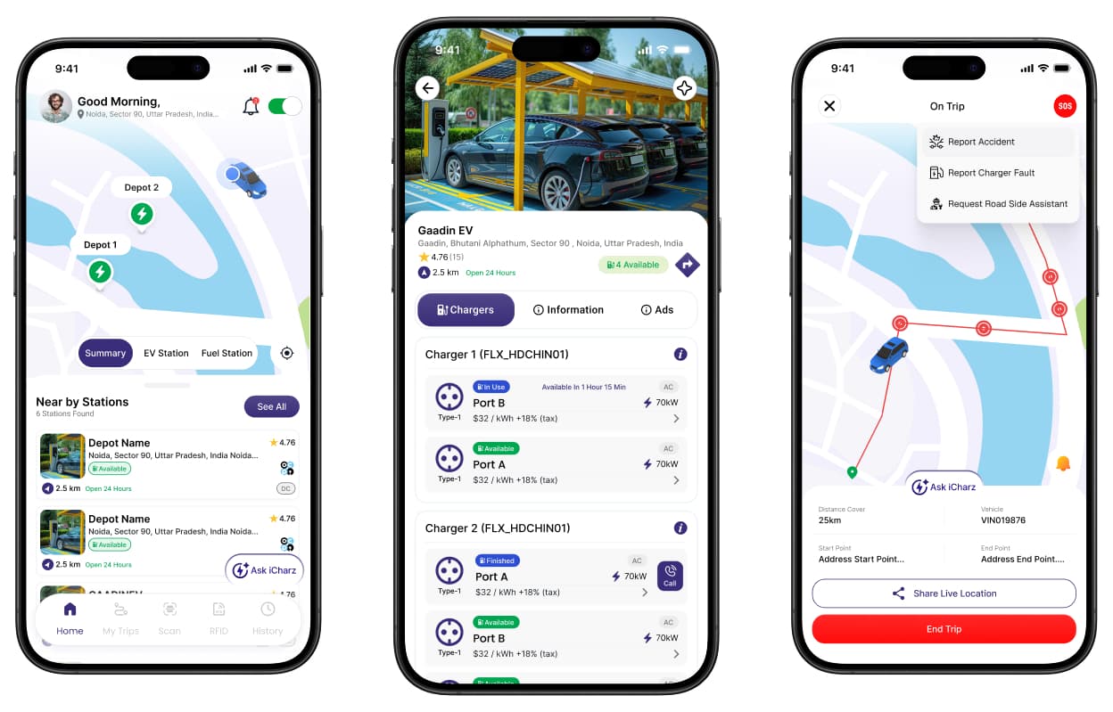 Branded fleet app showing allowed depot and public chargers
