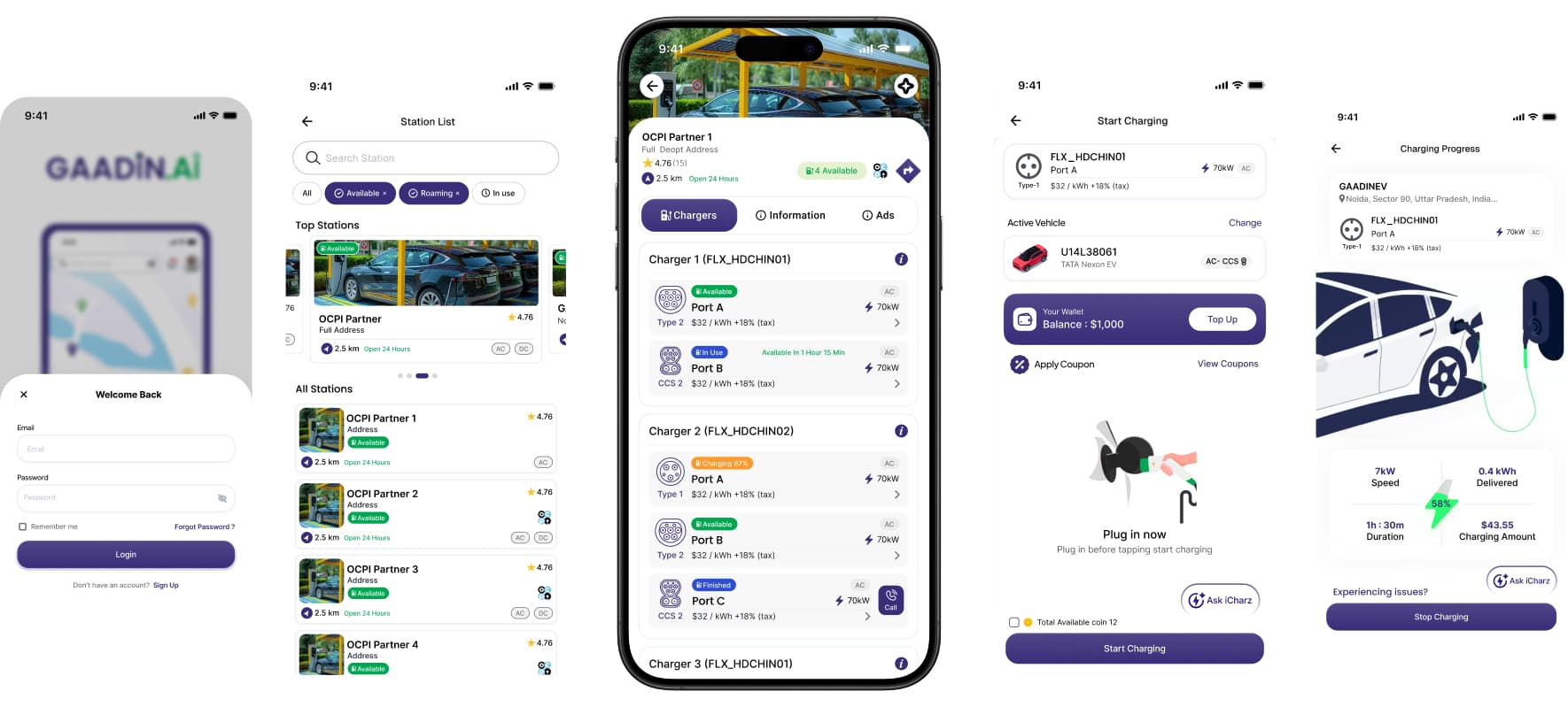 Gaadin AI branded driver app providing charging access across multiple networks