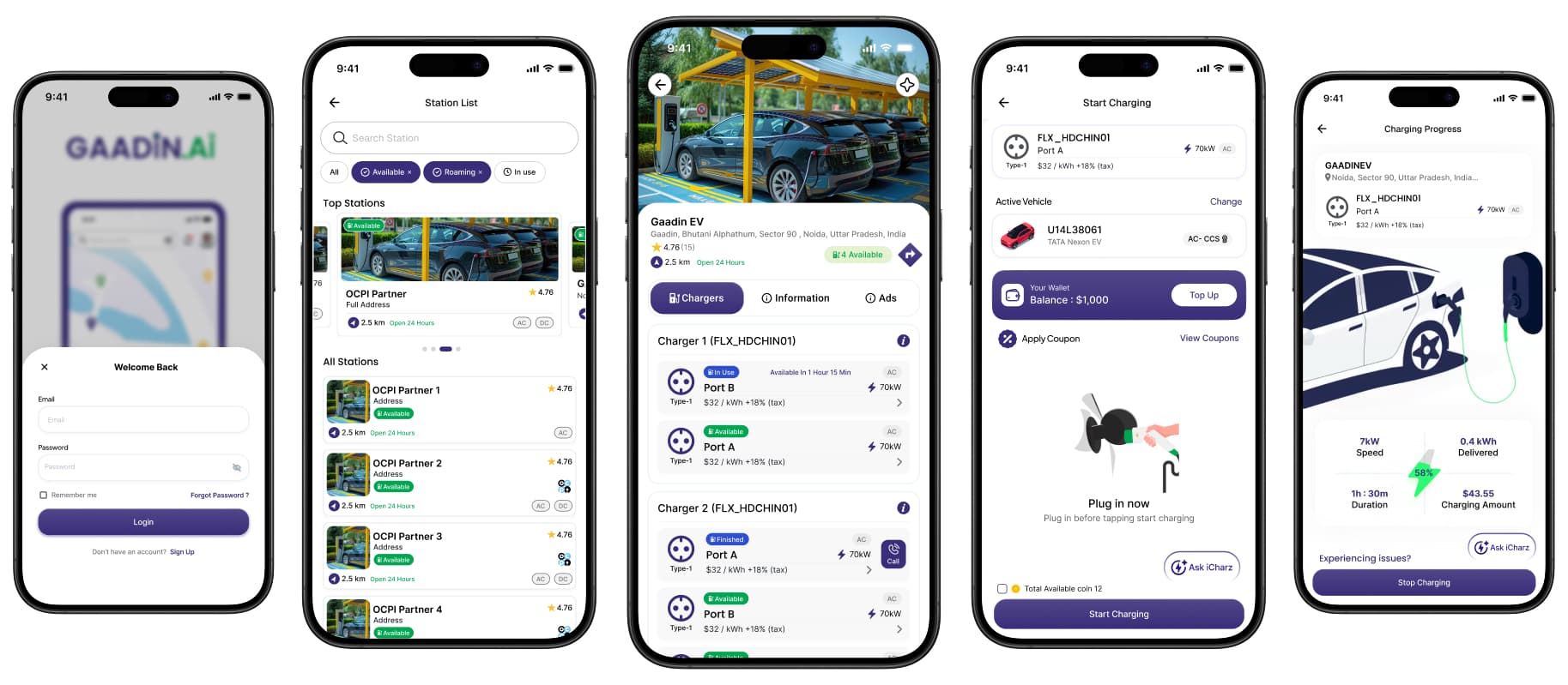 Gaadin AI branded driver app providing charging access across multiple networks