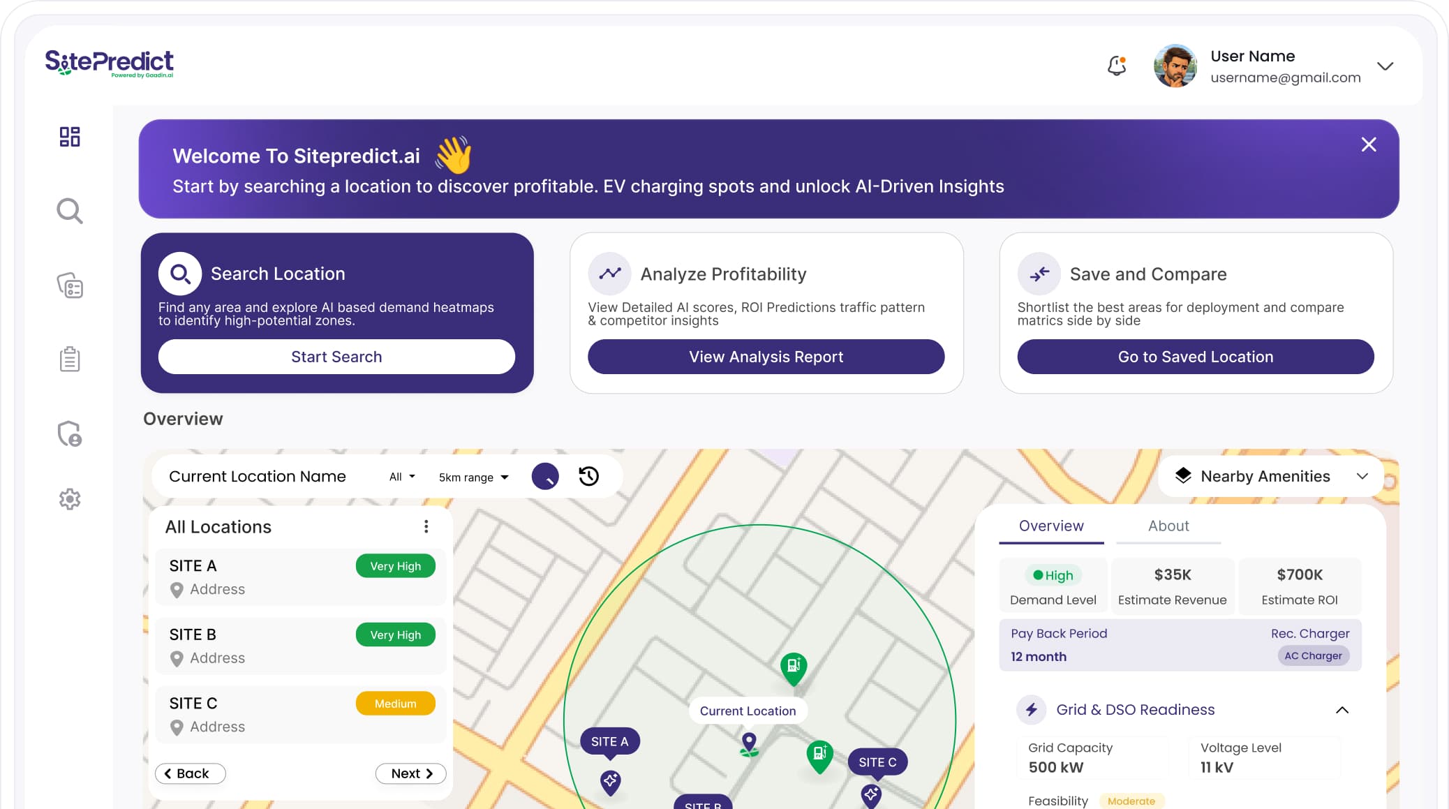 Gaadin AI SitePredict EV charging location intelligence map with site scores