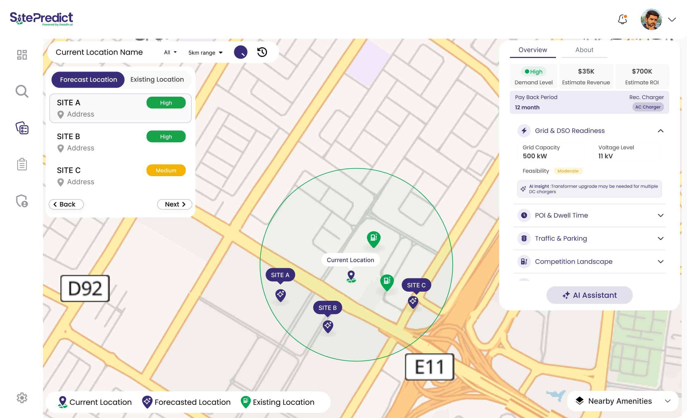 Gaadin AI SitePredict — score charger sites for demand, grid and payback before you invest